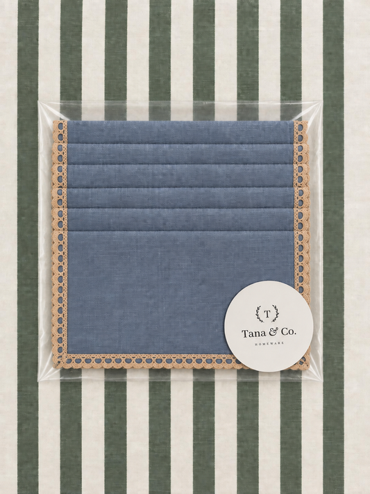 Servilletas aperitivo lino azul Francia puntilla toffee