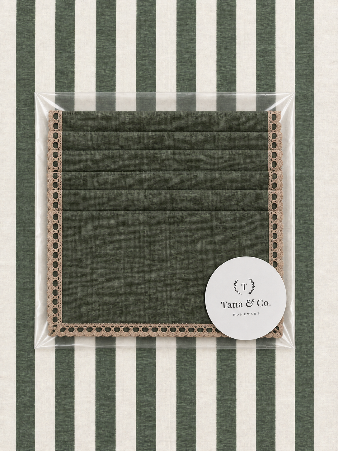 Servilletas aperitivo lino verde oliva puntilla toffee